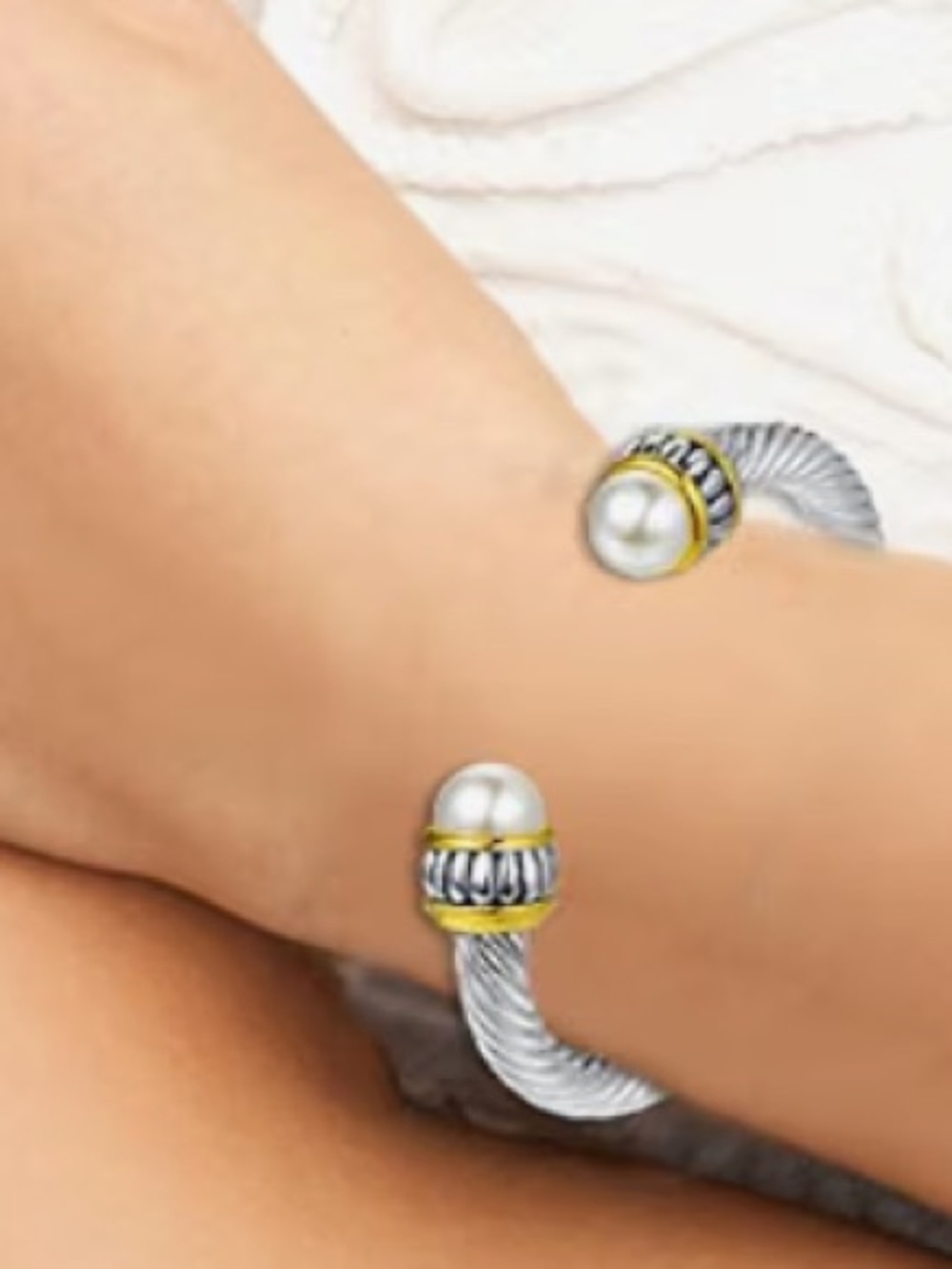 Sterling Rope Open Cuff Bracelet with Pearlescent Endcaps - Silver and Gold